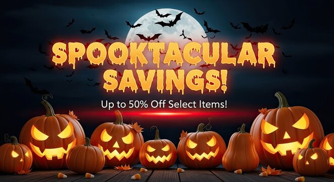 Photo of spooktacular savings halloween advertisement featuring jackolanterns, bats, and a full moon, promoting discounts of up to 50 on select items