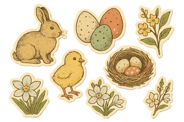 Vintage torn paper collage of traditional Easter elements with bunny, spotted eggs, chick, spring flowers, bird nest, retro holiday stickers, festive spring vector