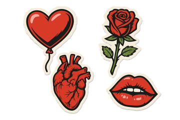 Y2K grunge collage Valentine’s Day romantic stickers set featuring heart balloon, red rose, anatomical heart, lips, torn paper retro magazine elements, vintage love decor