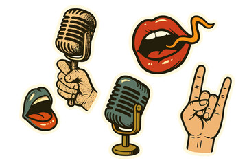Retro groovy music collage elements set with vintage microphone in halftone, hand holding mic, singing lips with tongue, rock hand gesture, vintage style vector stickers collection