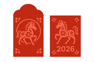 Chinese New Year 2026 Year of the Horse. Red envelope template vector. Zodiac sign hongbao packet with lucky money. Asian holiday celebration in traditional paper cut art style.