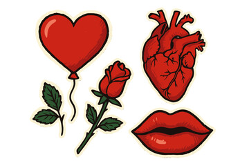 Y2K style grunge romantic collage stickers set with heart balloon, red rose, anatomical heart, and red lips, torn paper elements for Valentine's Day decoration and love themes