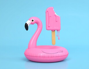 A pink flamingo pool float with a melting pink popsicle above it, set against a light blue background.