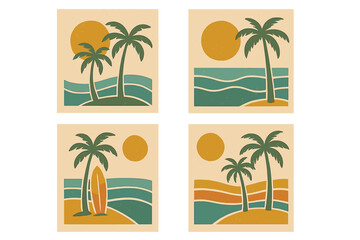 Vintage boho groovy palm tree beach summer sun sea set, surf club vacation sunny day aesthetic, retro style flat vector illustration, trendy naive tropical background