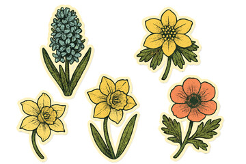 Vintage spring flowers kit in halftone collage style with retro hyacinth, winter aconite, daffodil, and anemone floral stickers for poster, t-shirt, and design