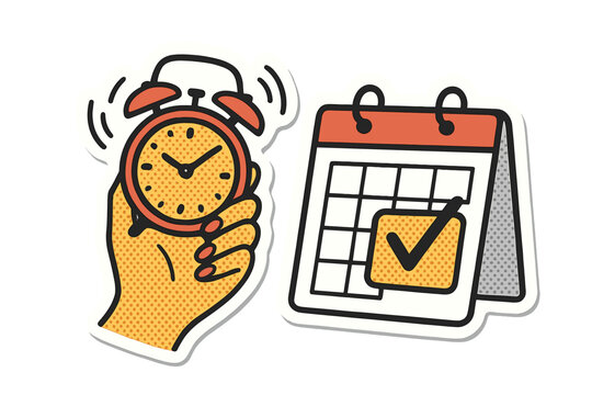 Female hand holding ringing alarm clock with reminder marked on calendar, trendy halftone collage torn sticker, time management and schedule planning concept, vector business design element