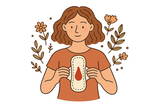 Woman holding menstrual pad with blood drop, feminine hygiene and menstrual period care concept, PMS awareness, premenstrual syndrome illustration, health and wellness vector