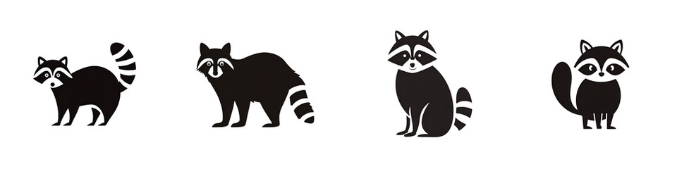 Obraz premium Raccoon Silhouettes: Set of Cute Cartoon Animals