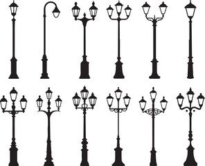Collection of Ornate Street Lamp Post Silhouette Vectors for Urban Landscape Illustrations