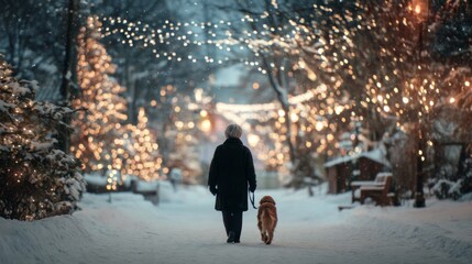 Senior woman walking with dog on snowy path decorated with Christmas lights