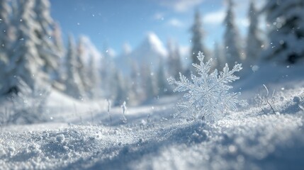 Snowflake resting on snowy ground in a winter forest landscape  