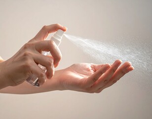 Hands spraying antiseptic on a hand