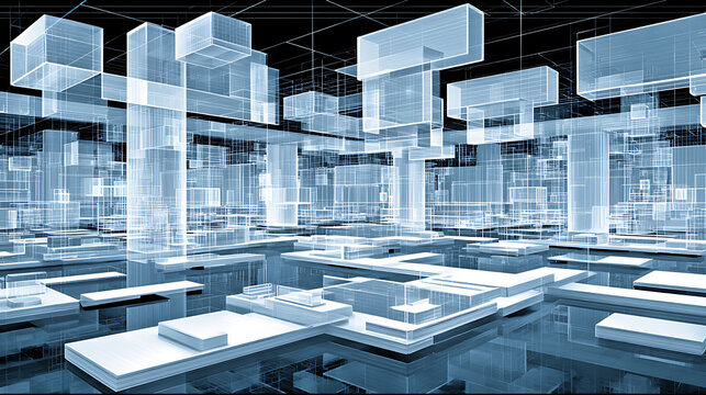 Abstract digital cityscape with transparent geometric structures and futuristic architecture