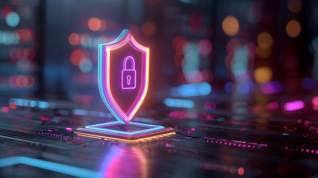 Digital shield with lock icon illuminates futuristic cyber security network data protection and online safety concept - Powered by Adobe