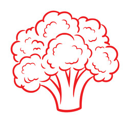 Stylized Red Line Art of a Broccoli Florets on White Background