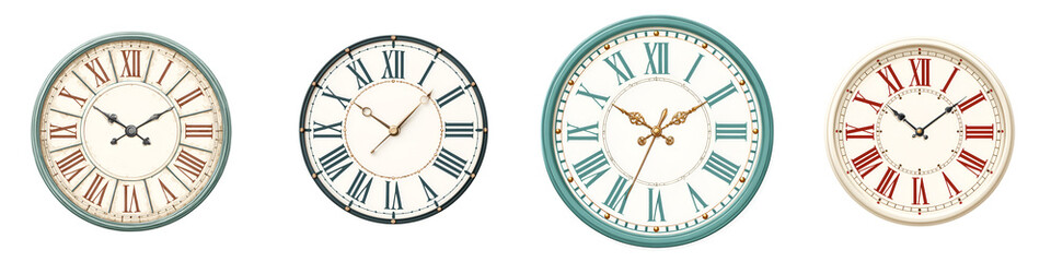 Fototapeta premium Vintage Wall Clock Collection: Antique Roman Numeral Clocks
