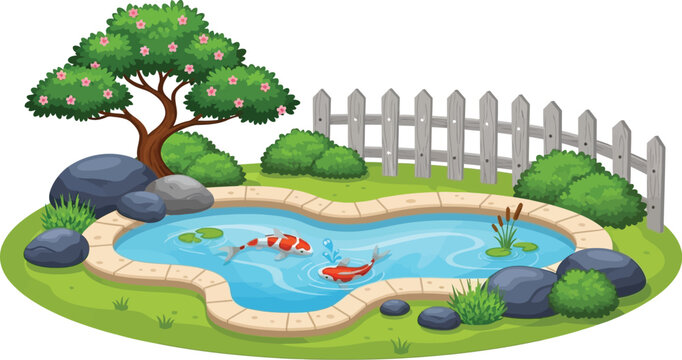 Cartoon koi pond illustration with tree and fence vector editable vector