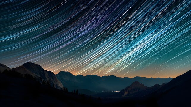 Majestic star trails capture the cosmic dance above silhouetted mountain peaks under a vibrant aurora sky