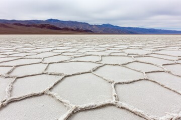 Salt flat, intricate hexagonal patterns, vast landscape, cloudy sky, distant mountains