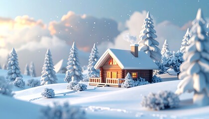 Naklejka premium Cozy Winter Cabin in a Snowy Landscape Illustration.