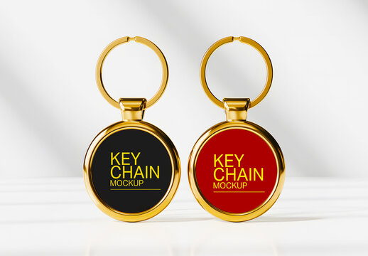 Golden Keychain Mockup With Black And Red Round Design