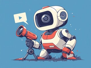 A cheerful robot character stands on green grass, holding a telescope and looking through it. The sky is blue with a speech bubble nearby, adding fun.