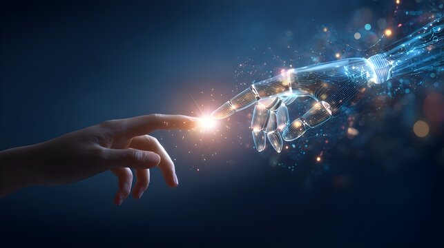 Humanoid robot arm reaches out to touch a glowing finger in a futuristic digital network environment representing artificial intelligence and technological advancement - Powered by Adobe