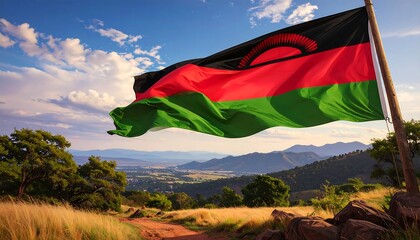 National flag of Malawi waving over a scenic landscape