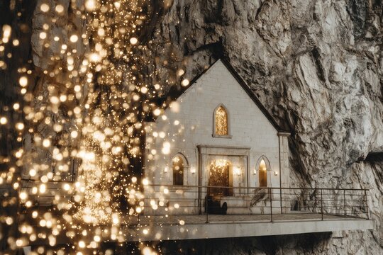 Small, light-stone chapel nestled in a rocky cliff face, highlighted by golden bokeh
