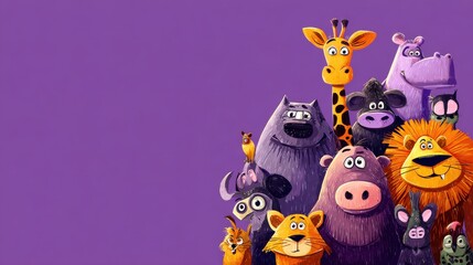 A lively group of animated animals poses together against a vibrant purple background. They display friendly expressions, showcasing a variety of species.