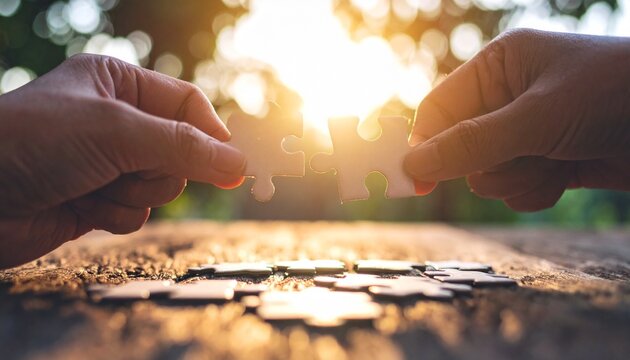 Hand holding pieces of jigsaw puzzle and insert into