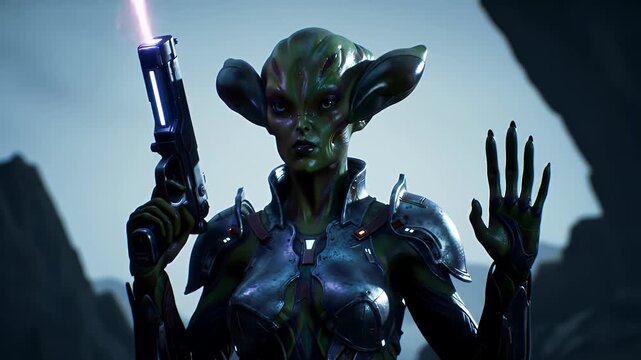 A futuristic alien female warrior, armed and alert, stands amidst a desolate landscape.