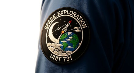 Close-up of a "Space Exploration Unit 731" patch on a dark blue uniform sleeve.