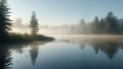 Obraz premium Serene sunrise over still lake, mist shrouds trees, reflecting in calm water