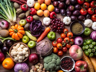 Abundant variety of fresh fruits and vegetables arranged on a wooden table