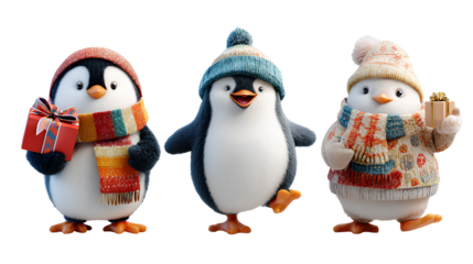 Holiday Penguin Trio Featuring Festive, Playful, and Cozy Designs isolated on transparent background