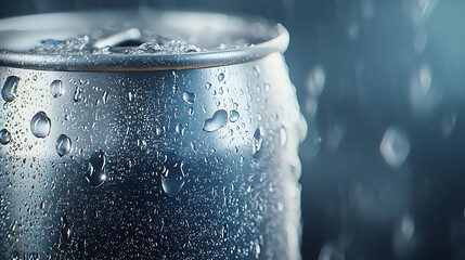 Photorealistic image of soda can with condensation, showcasing droplets of water on metallic surface, creating refreshing atmosphere