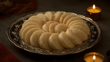 Deliciously arranged Indian sweets on a decorative silver platter.