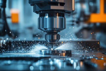 Close-up view of advanced vertical CNC machine tool in action processing metal pieces with precise light and shadow effects on surface, showcasing modern industrial manufacturing technology