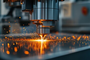Close-up view of industrial laser cut machine in action creating bright sparks and light on metal surface with precision, showcasing modern manufacturing technology for factory production