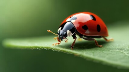 Fototapeta premium Close-up of ladybug on green leaf