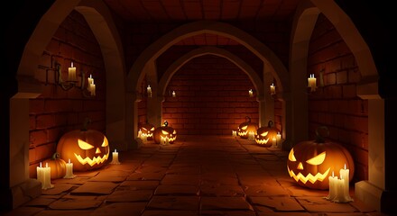 A spooky corridor illuminated by carved jack-o'-lanterns and flickering candles, creating a Halloween atmosphere.