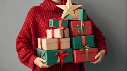 Christmas Gifts Stack with Red Sweater Holiday Season