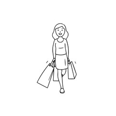 Black and white line art of a beautiful happy woman carrying shopping bags minimalist cheerful illustration
