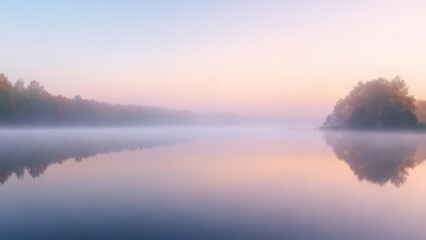 Serene dawn mist over still water, reflecting trees