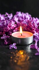 Lit candle surrounded by lilacs