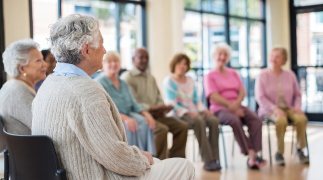 Group of seniors attending health education class with professional nurse instructor in community center, demonstrating health literacy and preventive care learning.