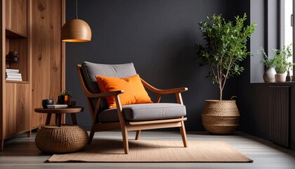 Armchair with Orange Cushion in Dark Room