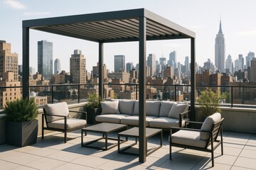 Modern rooftop lounge with minimalist furniture and pergola overlooking city skyline in soft natural light, urban outdoor living concept scene. Ai generative