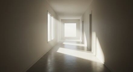 A long hallway brightly lit with windowgenerated light and shadowed walls